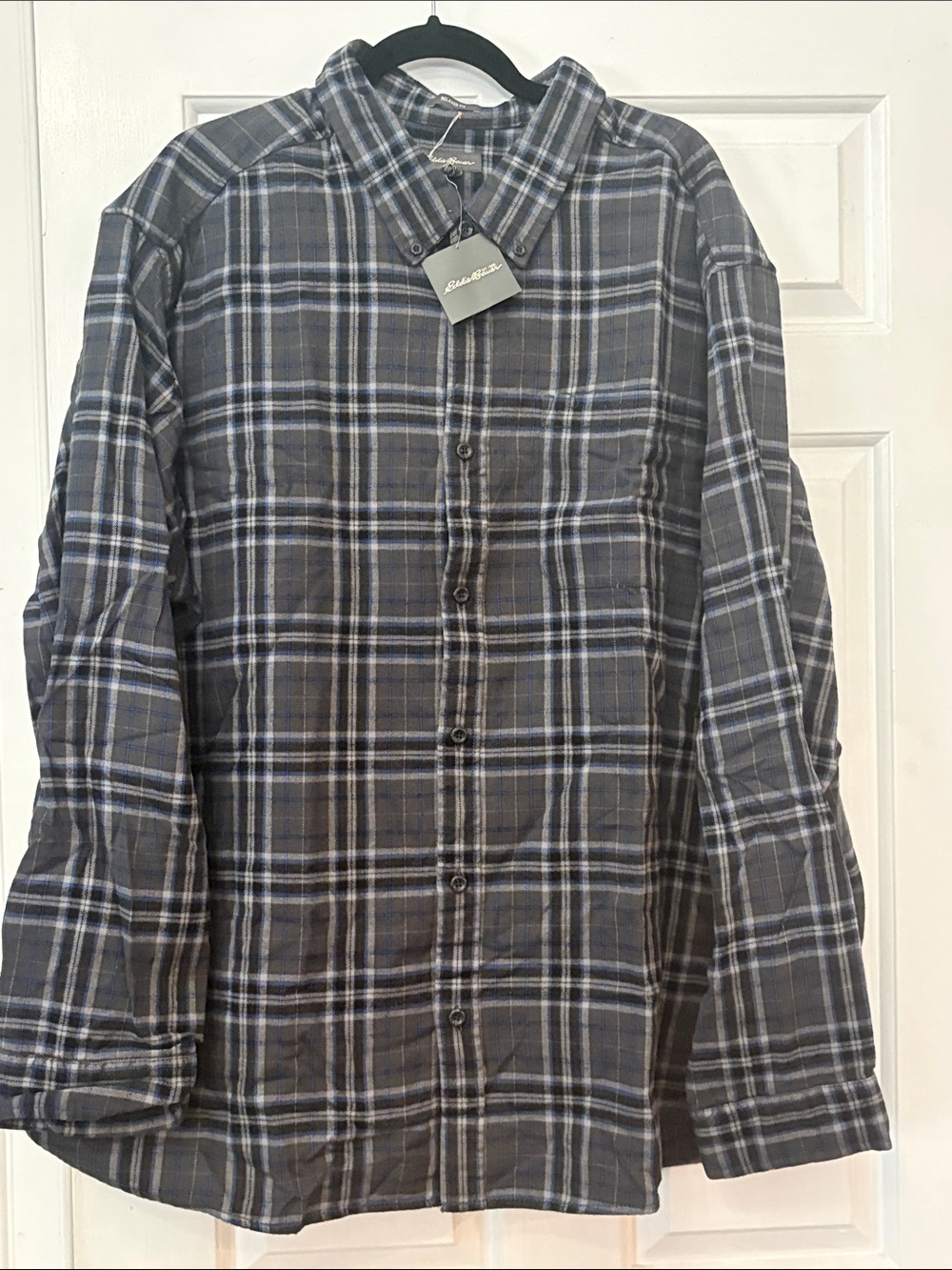 Eddie Bauer Black, Gray & Blue Plaid Flannel Button-Up Shirt - New with Tag